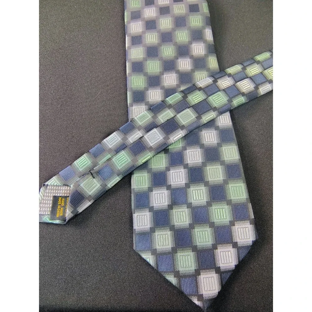 Alexander Julian Colours Tie Men Green Grey Checkered Grid Box Pattern Polyester